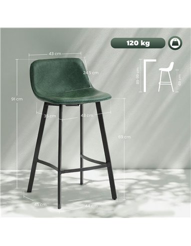 HOMCOM Bar Stools Set of 2, PU Leather Dining Stools with Backrest, Footrest, for Kitchen, Counter, Breakfast Bar, Green