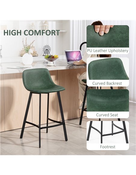HOMCOM Bar Stools Set of 2, PU Leather Dining Stools with Backrest, Footrest, for Kitchen, Counter, Breakfast Bar, Green - pic 172306 | FastDaddyshop