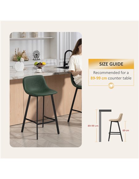 HOMCOM Bar Stools Set of 2, PU Leather Dining Stools with Backrest, Footrest, for Kitchen, Counter, Breakfast Bar, Green - pic 172308 | FastDaddyshop