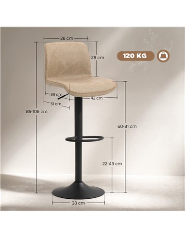 HOMCOM Bar Stools Set of 2, PU Leather Barstools with Backrest and Footrest for Kitchen, Counter, Breakfast Bar, Light Brown