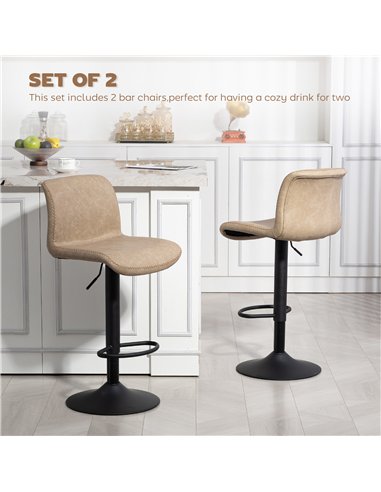 HOMCOM Bar Stools Set of 2, PU Leather Barstools with Backrest and Footrest for Kitchen, Counter, Breakfast Bar, Light Brown
