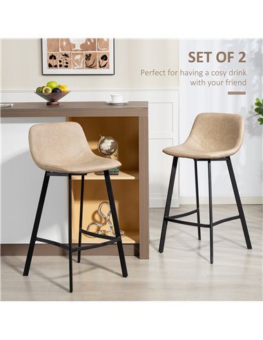 HOMCOM Bar Stools Set of 2, PU Leather Dining Stools with Backrest, Footrest, for Kitchen, Counter, Breakfast Bar, Light Brown