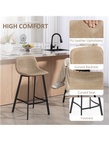 HOMCOM Bar Stools Set of 2, PU Leather Dining Stools with Backrest, Footrest, for Kitchen, Counter, Breakfast Bar, Light Brown