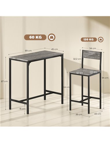 HOMCOM 3-Piece Bar Table Set with 2 Stools, Industrial Breakfast Bar Set with Footrest, Backrest for Dining Room, Small Space