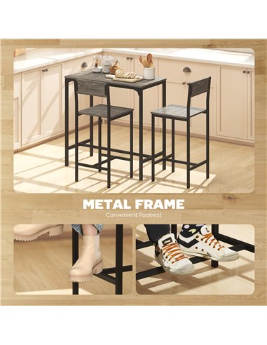 HOMCOM 3-Piece Bar Table Set with 2 Stools, Industrial Breakfast Bar Set with Footrest, Backrest for Dining Room, Small Space