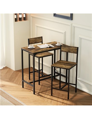 HOMCOM 3-Piece Bar Table Set with 2 Stools, Industrial Breakfast Bar Set with Footrest, Backrest for Dining Room, Small Space