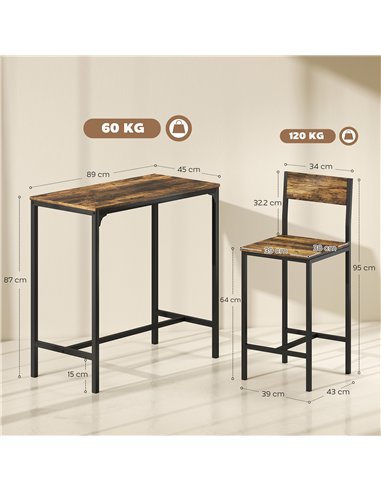 HOMCOM 3-Piece Bar Table Set with 2 Stools, Industrial Breakfast Bar Set with Footrest, Backrest for Dining Room, Small Space