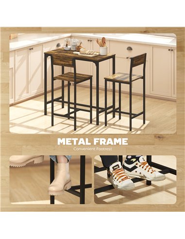 HOMCOM 3-Piece Bar Table Set with 2 Stools, Industrial Breakfast Bar Set with Footrest, Backrest for Dining Room, Small Space