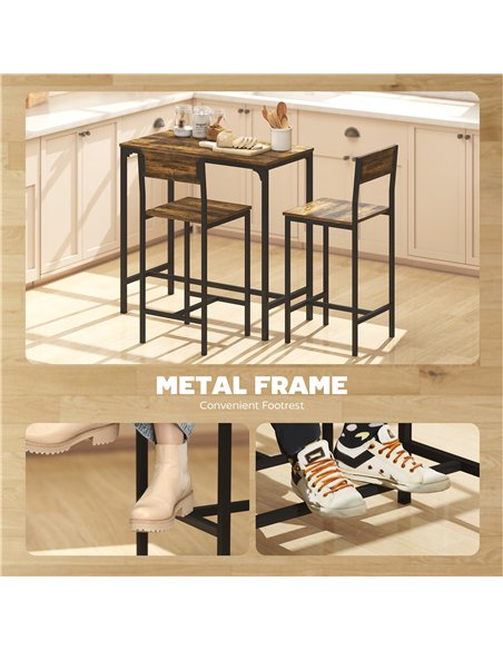 HOMCOM 3-Piece Bar Table Set with 2 Stools, Industrial Breakfast Bar Set with Footrest, Backrest for Dining Room, Small Space - pic 172350 | FastDaddyshop