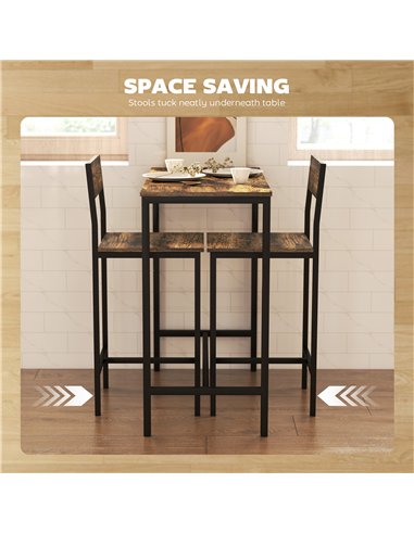 HOMCOM 3-Piece Bar Table Set with 2 Stools, Industrial Breakfast Bar Set with Footrest, Backrest for Dining Room, Small Space