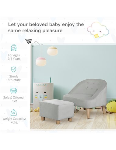 HOMCOM Toddler Chair, 2pcs Kids Sofa Set, Sofa & Ottoman for Bedroom, Playroom, Boys and Girls, 3-5 years old, Grey