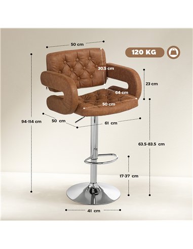 HOMCOM PU Leather Upholstered Swivel Bar Stool, Height Adjustable with Back, Armrest, Footrest, Brown