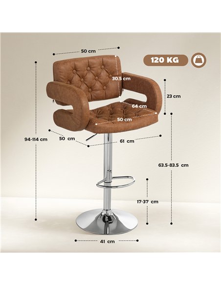 HOMCOM PU Leather Upholstered Swivel Bar Stool, Height Adjustable with Back, Armrest, Footrest, Brown - pic 172403 | FastDaddyshop