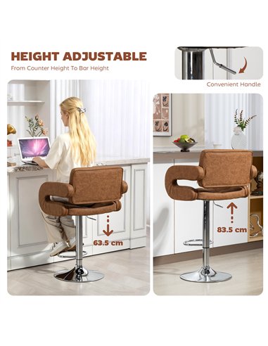 HOMCOM PU Leather Upholstered Swivel Bar Stool, Height Adjustable with Back, Armrest, Footrest, Brown