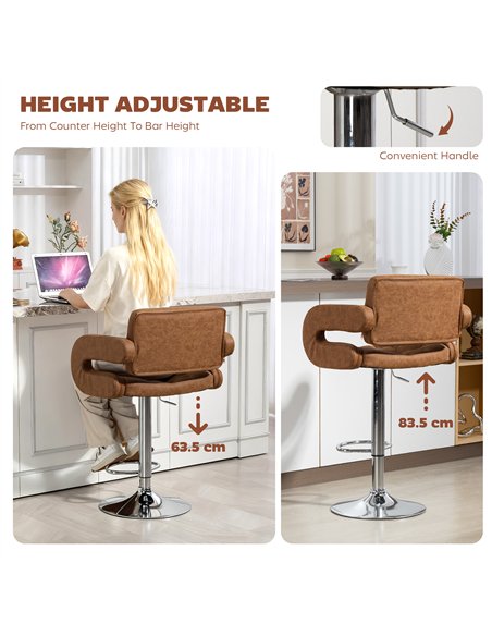 HOMCOM PU Leather Upholstered Swivel Bar Stool, Height Adjustable with Back, Armrest, Footrest, Brown - pic 172404 | FastDaddyshop