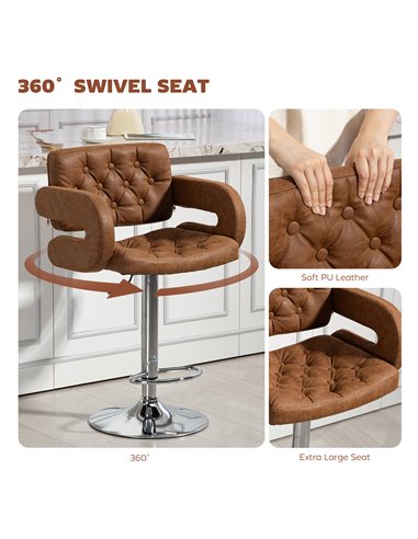 HOMCOM PU Leather Upholstered Swivel Bar Stool, Height Adjustable with Back, Armrest, Footrest, Brown