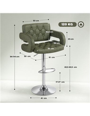 HOMCOM PU Leather Upholstered Swivel Bar Stool, Height Adjustable with Back, Armrest, Footrest, Green