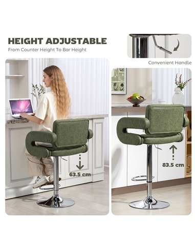 HOMCOM PU Leather Upholstered Swivel Bar Stool, Height Adjustable with Back, Armrest, Footrest, Green