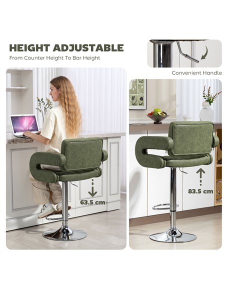 HOMCOM PU Leather Upholstered Swivel Bar Stool, Height Adjustable with Back, Armrest, Footrest, Green - pic 172413 | FastDaddyshop