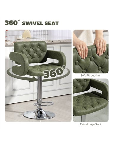 HOMCOM PU Leather Upholstered Swivel Bar Stool, Height Adjustable with Back, Armrest, Footrest, Green
