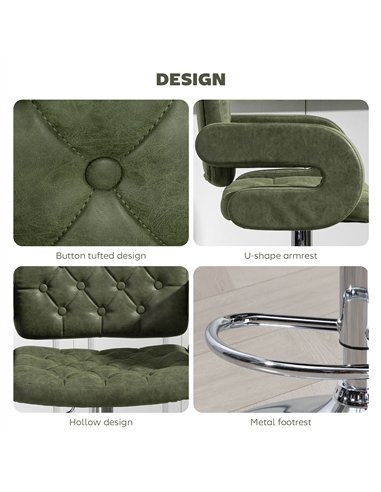 HOMCOM PU Leather Upholstered Swivel Bar Stool, Height Adjustable with Back, Armrest, Footrest, Green