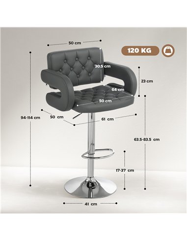 HOMCOM PU Leather Upholstered Swivel Bar Stool, Height Adjustable with Back, Armrest, Footrest, Grey