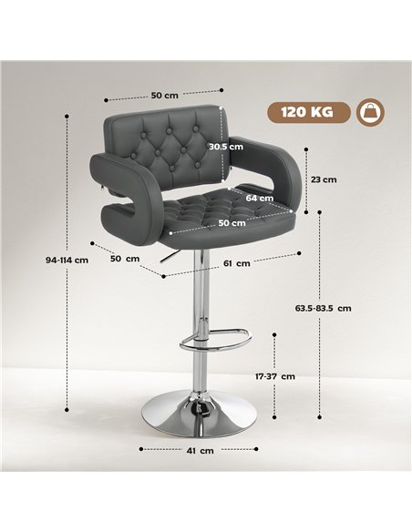 HOMCOM PU Leather Upholstered Swivel Bar Stool, Height Adjustable with Back, Armrest, Footrest, Grey - pic 172430 | FastDaddyshop