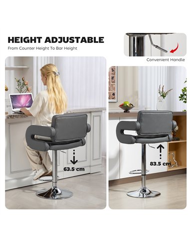 HOMCOM PU Leather Upholstered Swivel Bar Stool, Height Adjustable with Back, Armrest, Footrest, Grey