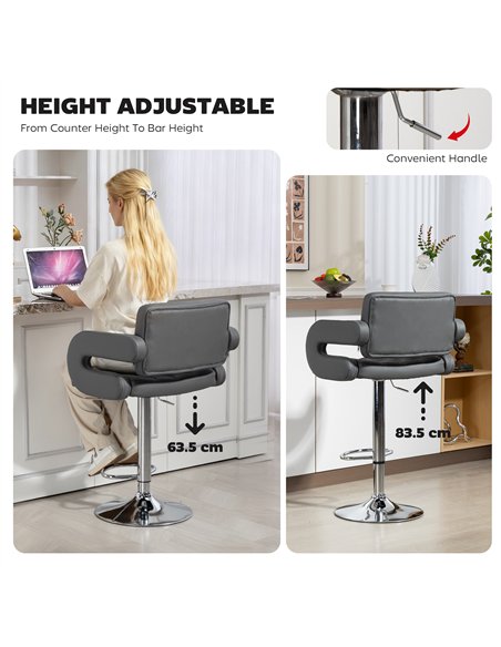 HOMCOM PU Leather Upholstered Swivel Bar Stool, Height Adjustable with Back, Armrest, Footrest, Grey - pic 172431 | FastDaddyshop