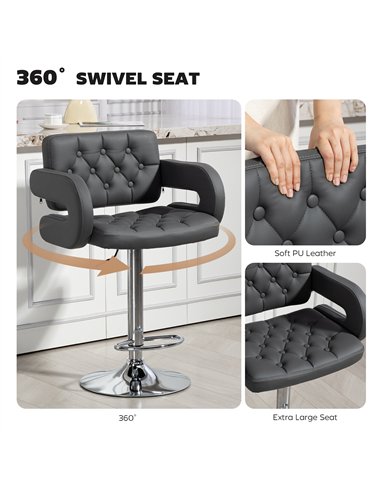 HOMCOM PU Leather Upholstered Swivel Bar Stool, Height Adjustable with Back, Armrest, Footrest, Grey