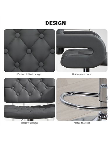 HOMCOM PU Leather Upholstered Swivel Bar Stool, Height Adjustable with Back, Armrest, Footrest, Grey