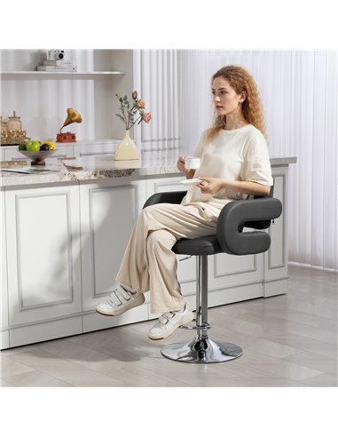 HOMCOM PU Leather Upholstered Swivel Bar Stool, Height Adjustable with Back, Armrest, Footrest, Grey