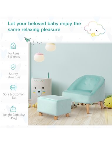HOMCOM Toddler Chair, 2pcs Kids Sofa Set, Sofa & Ottoman for Bedroom, Playroom, Boys and Girls, 3-5 years old, Blue