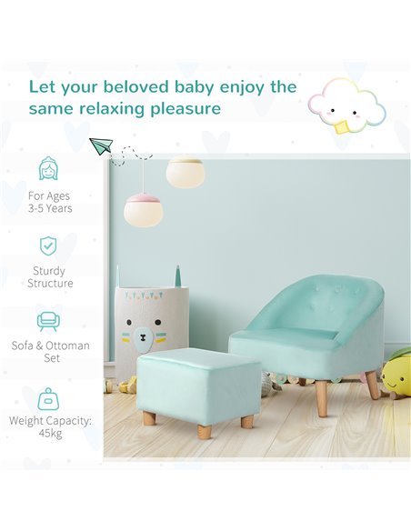 HOMCOM Toddler Chair, 2pcs Kids Sofa Set, Sofa & Ottoman for Bedroom, Playroom, Boys and Girls, 3-5 years old, Blue - pic 17245 | FastDaddyshop