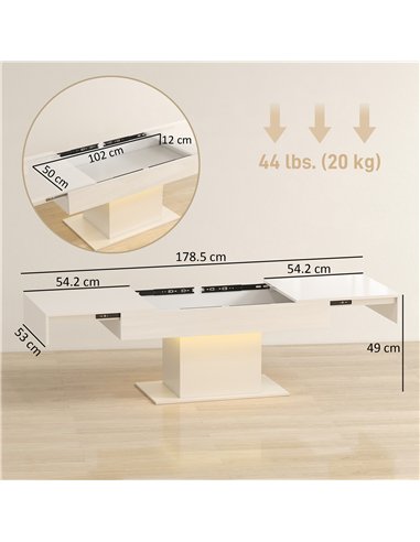HOMCOM Extendable Coffee Table with LED Lights and Storage - High Gloss White