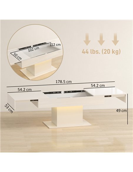 HOMCOM Extendable Coffee Table with LED Lights and Storage - High Gloss White - pic 172475 | FastDaddyshop