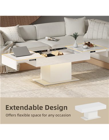 HOMCOM Extendable Coffee Table with LED Lights and Storage - High Gloss White