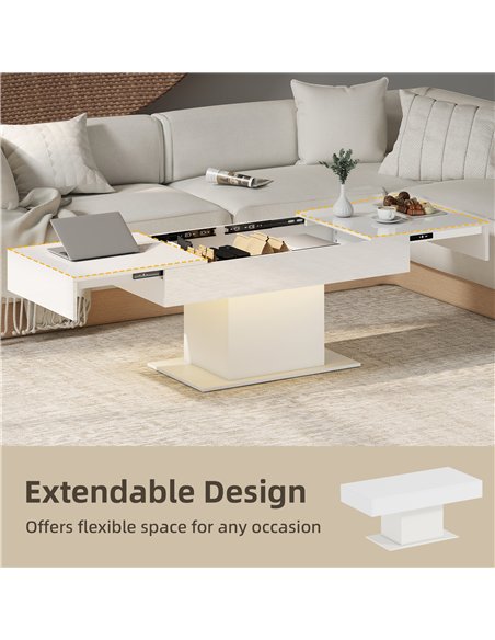 HOMCOM Extendable Coffee Table with LED Lights and Storage - High Gloss White - pic 172476 | FastDaddyshop
