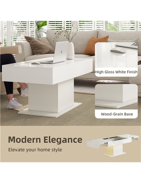 HOMCOM Extendable Coffee Table with LED Lights and Storage - High Gloss White - pic 172479 | FastDaddyshop