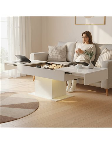 HOMCOM Extendable Coffee Table with LED Lights and Storage - High Gloss White