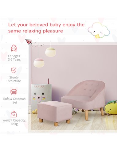 HOMCOM Toddler Chair, 2pcs Kids Sofa Set, Sofa & Ottoman for Bedroom, Playroom, Boys and Girls, 3-5 years old, Pink