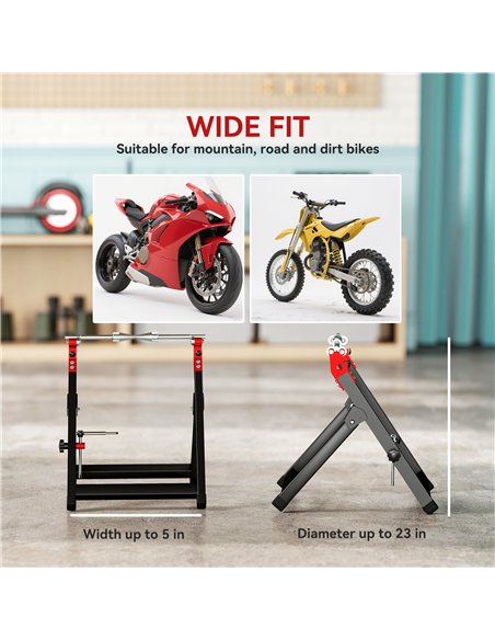 HOMCOM Foldable Motorcycle Wheel Balancer Truing Stand with Spoke Wrench, Steel Bike Tyre Rim Balancing Stand with Aluminium Sha - pic 172560 | FastDaddyshop
