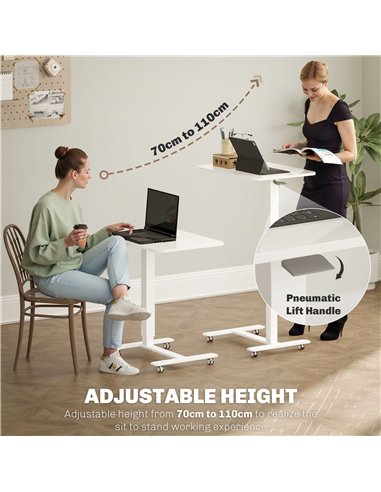 HOMCOM Height Adjustable Standing Desk, Pneumatic Sit Stand Desk for Laptop, Mobile Overbed Table with Wheels for Home Office, W