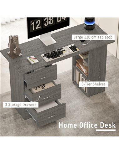 HOMCOM Computer Desk, Writing Table, PC Workstation with 3 Storage Shelves and Drawers, Silver Handle, for Home Office, Grey