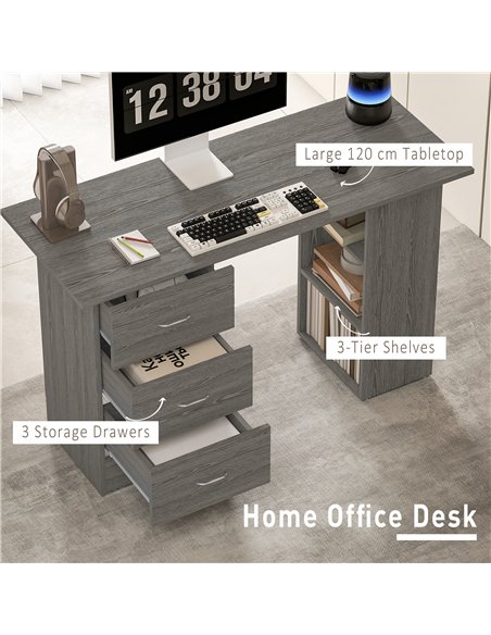 HOMCOM Computer Desk, Writing Table, PC Workstation with 3 Storage Shelves and Drawers, Silver Handle, for Home Office, Grey - pic 172602 | FastDaddyshop