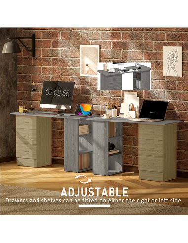 HOMCOM Computer Desk, Writing Table, PC Workstation with 3 Storage Shelves and Drawers, Silver Handle, for Home Office, Grey