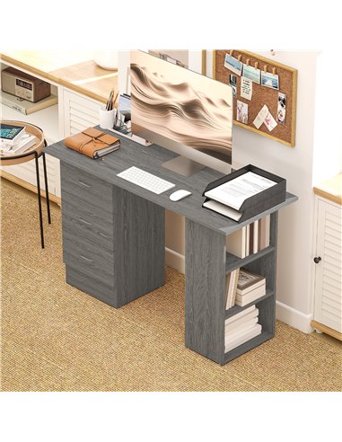 HOMCOM Computer Desk, Writing Table, PC Workstation with 3 Storage Shelves and Drawers, Silver Handle, for Home Office, Grey
