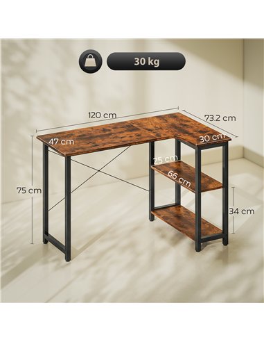 HOMCOM L Shaped Desk, Corner Computer Desk with Bookshelf for Home Office, Study Room, Workstation, 120 x 73.2 x 75cm, Rustic Br
