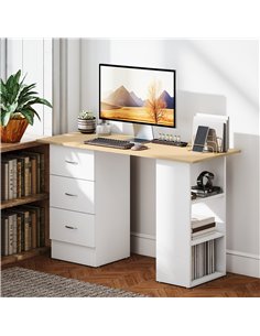 HOMCOM Computer Desk, Writing Table, PC Workstation with 3 Storage Shelves and Drawers, Silver Handle, for Home Office, Natural  2