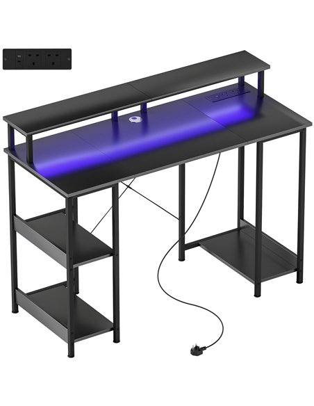 HOMCOM LED Computer Desk, with Power Outlets and Shelves - Carbon Fibre Grey - pic 172653 | FastDaddyshop
